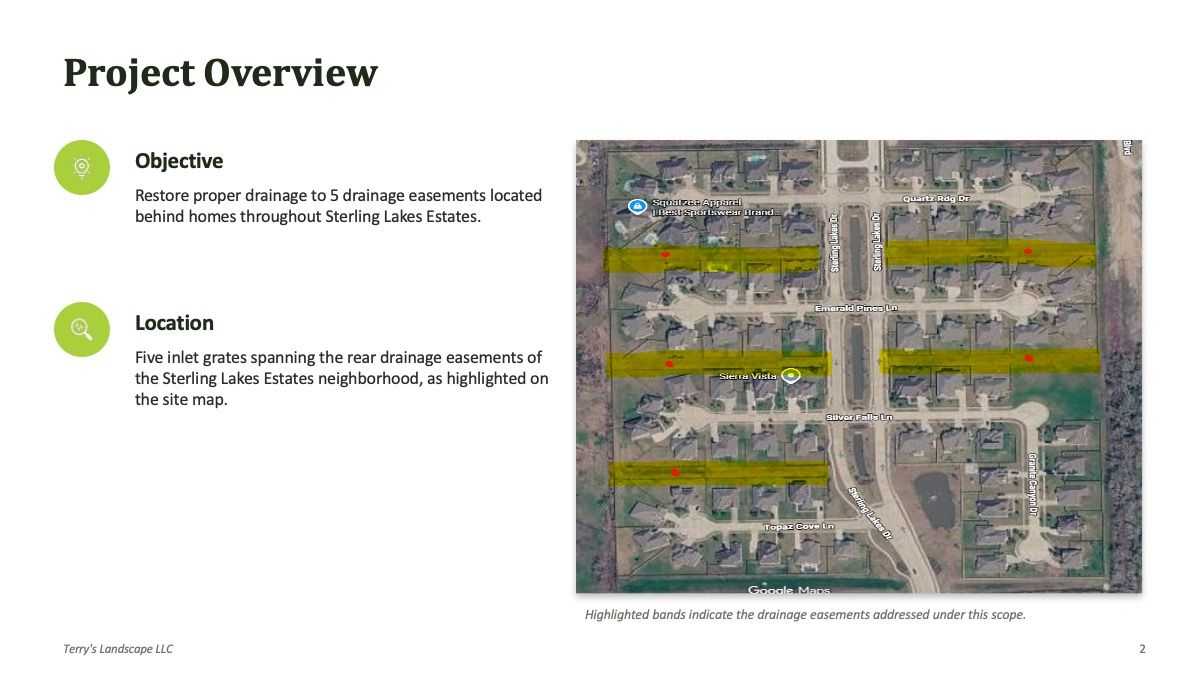 Scope of services slide outlining storm drain inlet cleaning tasks, with photos showing clogged inlet grates and vegetation-covered conditions before maintenance work.