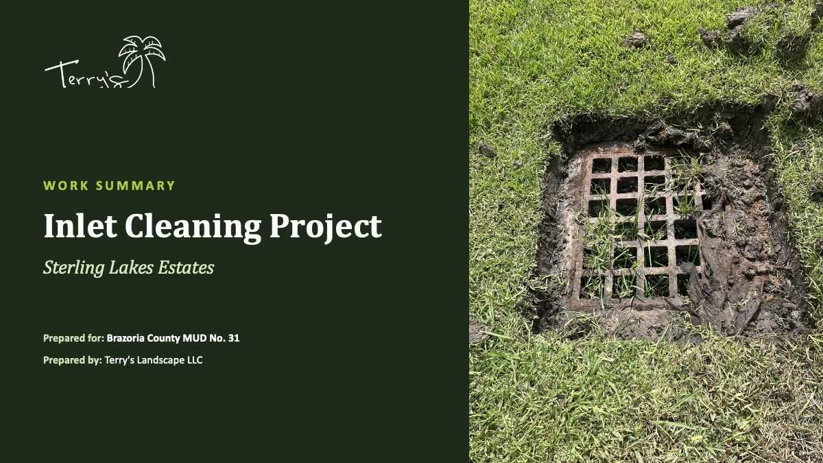 Closing slide thanking Brazoria County MUD No. 31 and Sterling Lakes Estates for the opportunity to service the community, featuring Terry’s Landscape LLC branding on a dark green background.