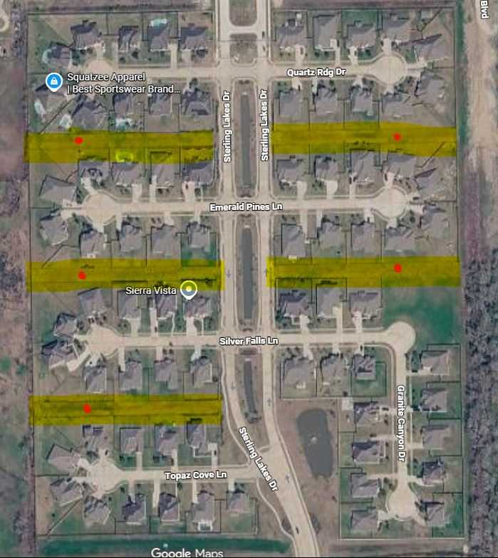 Aerial neighborhood map highlighting multiple storm drain inlet cleaning locations with yellow shaded areas and red markers along residential streets in Sterling Lakes Estates.